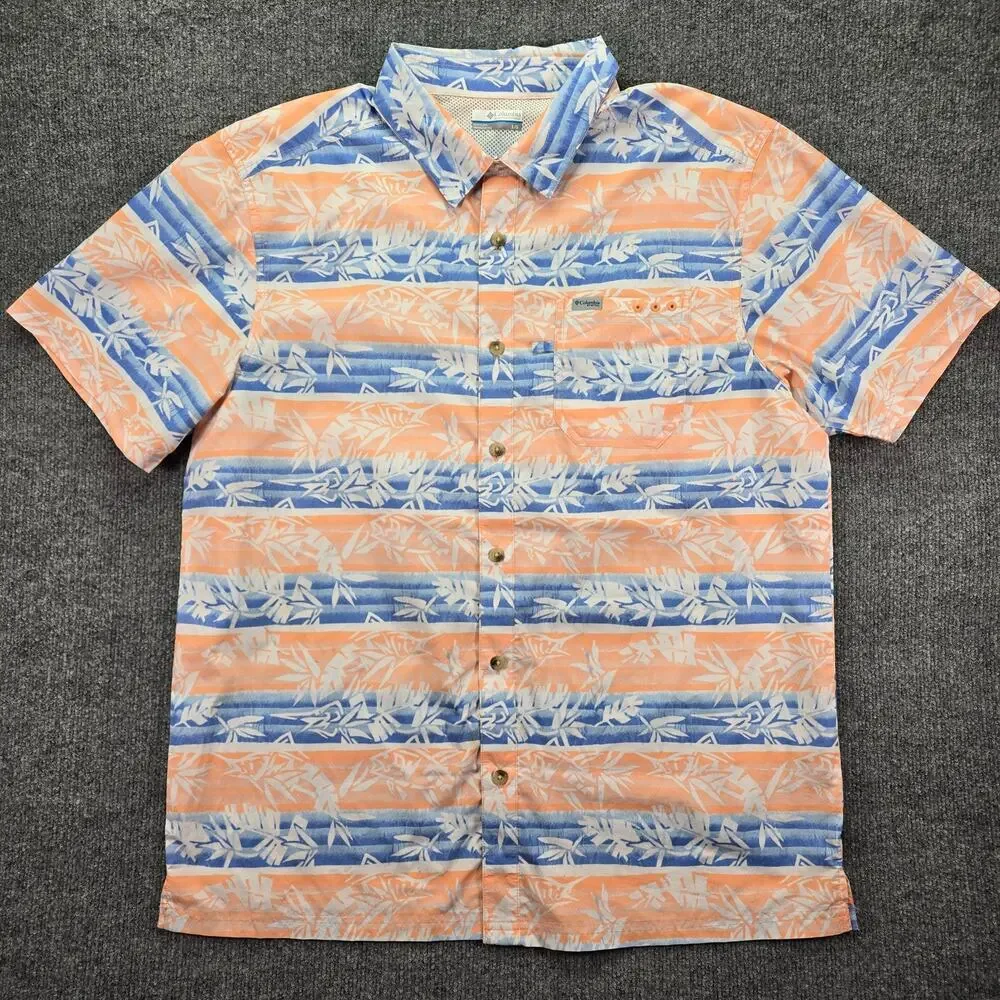 Columbia PFG Shirt Mens Large Orange Blue Button Up Floral Tropical Fishing